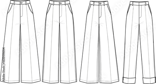 Wide-leg formal trousers technical flat sketch front and back view, cuffed hem design for fashion CAD template illustration
