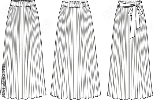 Pleated long skirt technical sketch, flat vector drawing, fashion cad illustration, front back view, waistband detail, garment design template