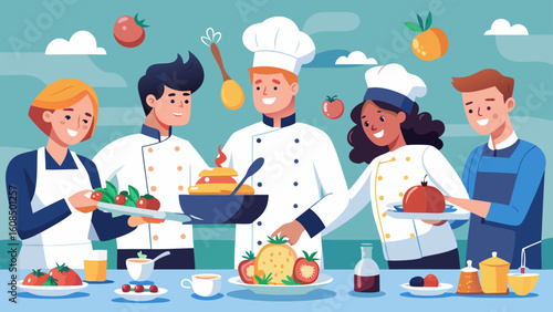 Team Of Chefs Plating Gourmet Meals Together