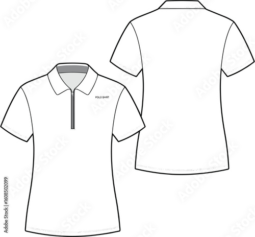 Polo shirt technical fashion flat sketch, vector apparel template for men and women, casual clothing design cad drawing