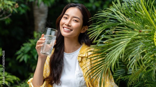 Woman drinking sparkling water in nature