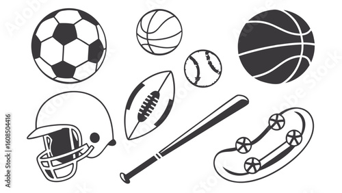 Variety of sports equipment and gear including soccer, basketball, baseball, football, helmet, bat, and skateboard.