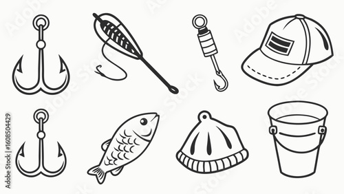 Fishing gear set. Collection of angling equipment icons. Fish, hooks, bobber, cap, and bucket for outdoor sport hobby.