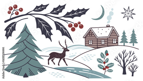 Winter wonderland landscape illustration with cozy cabin, snowy trees, deer, and holly berries. Christmas holiday scene.