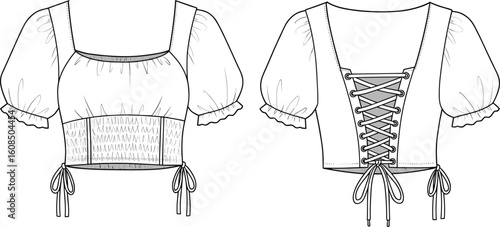 Puff sleeve corset crop top design, front smocked, back lace-up detail, flat technical sketch, fashion cad vector illustration