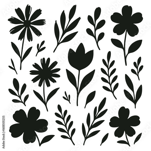 볼드한 흑백 플로럴 일러스트 컬렉션, 데코용 장식 요소 벡터 패턴 png
