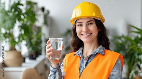 Woman drinking water indoor workplace