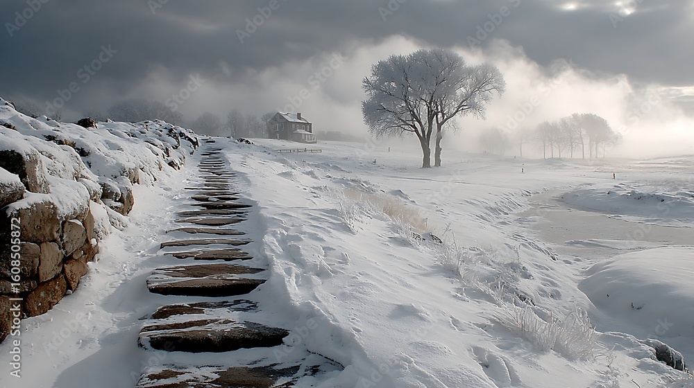 Obraz premium Path of steps creating direction across fresh winter snow towards a gravestone with low clouds above