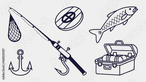Fishing gear and marine equipment set with rod, fish, anchor, life ring, and tackle box. Outdoor sport hobby collection.