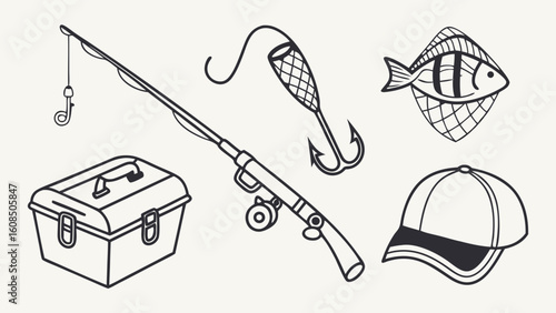 Fishing gear and equipment set. Angling tools, tackle box, rod, hook, fish, and cap. Outdoor recreation hobby items.