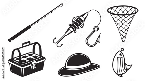 Fishing equipment and gear collection. Set of angling tools including rod, lure, net, tackle box, hat, and fish for hobby.