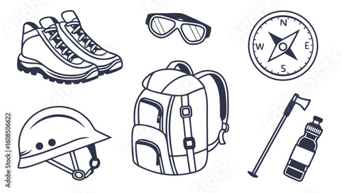 Outdoor adventure hiking gear set. Essential equipment for trekking, travel, and nature exploration. Sports accessories collection.