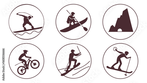 Outdoor adventure sports icons set. Recreation activities silhouettes. Travel, nature, biking, skiing, surfing, kayaking, snowboarding.