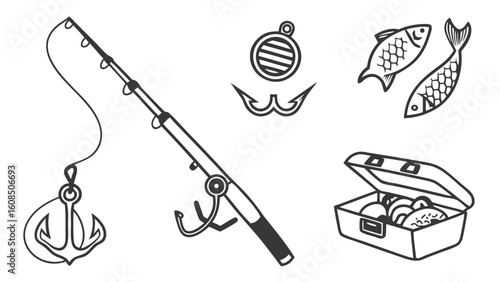 Fishing equipment and gear set. Rod, fish, hooks, tackle box, and anchor for outdoor angling hobby.