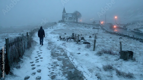 Loneliness captured by footprints heading to remote gravestone in bleak winter setting