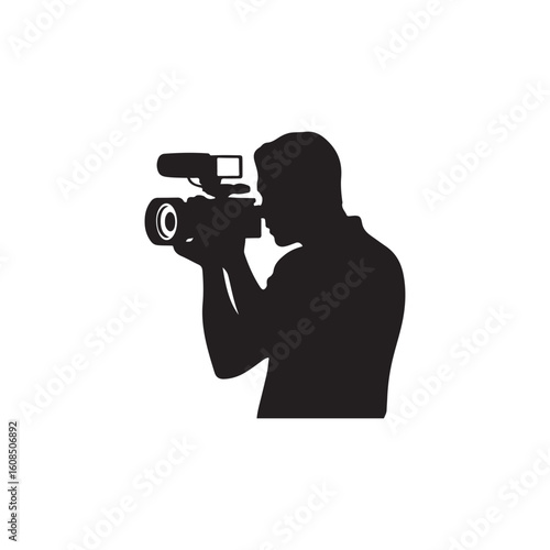 Black Silhouette of Cameraman with Professional Video Camera, Side View, Isolated