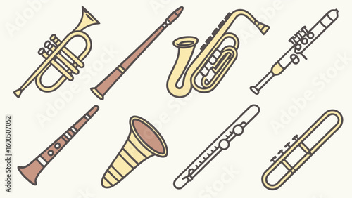 Musical wind instruments. Collection of brass and woodwind instruments like trumpet, saxophone, flute, clarinet.