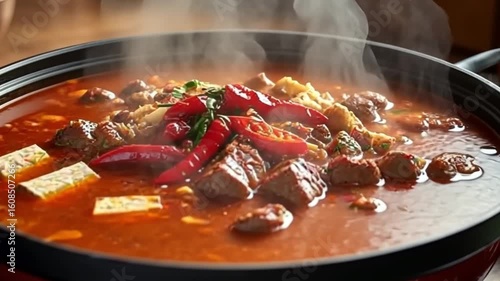 Delicious and steaming hot pot with meat, tofu, chili peppers and other ingredients