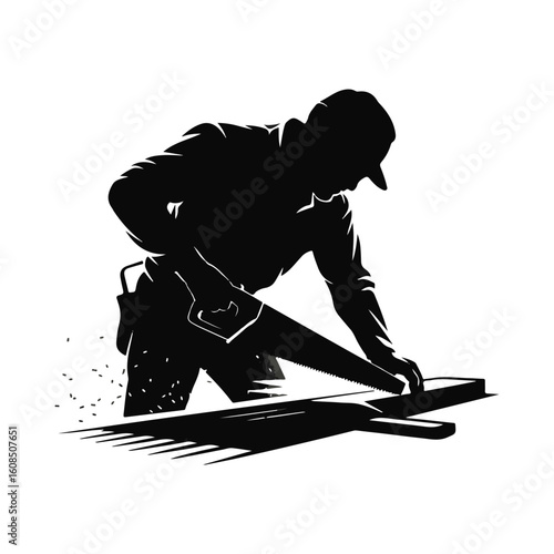 Silhouette of Carpenter Sawing Wood With Handsaw Construction and Woodworking Professional