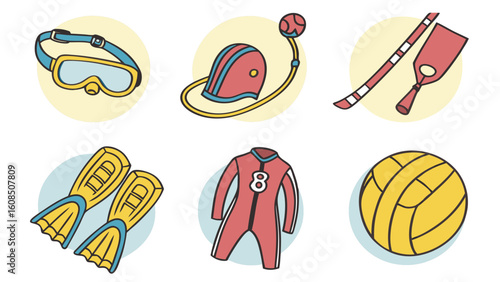 Water sports equipment collection. Diving mask, fins, wetsuit, water polo gear, water skis. Summer recreation items.