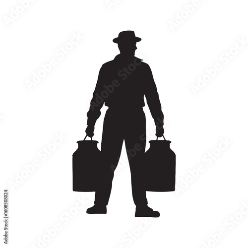 Silhouette of Milkman Carrying Two Full Milk Cans Wearing a Hat