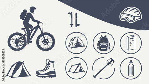 Outdoor adventure gear and equipment icons. Mountain biking, hiking, camping essentials. Travel and sport accessories.