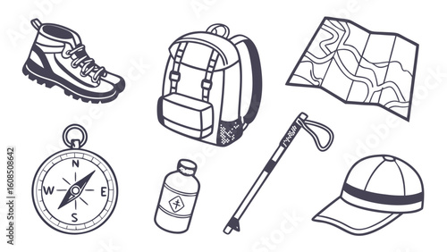 Outdoor adventure hiking and camping gear set. Travel essentials, trekking equipment, backpack, boots, map, compass, water.