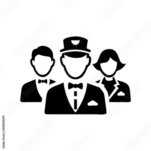 Group of hotel staff in uniform black and white icon