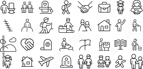 'Life Journey' icon set, aging, family, relationships, and the main life cycle human development, aging, family, and more vector illustration