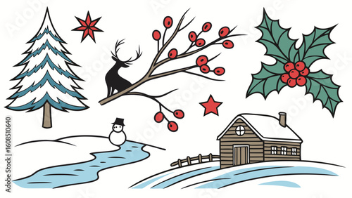 Winter Christmas elements set. Snowy tree, cabin, snowman, deer, holly, berries, stars. Holiday season illustration collection.