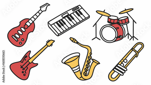 Popular musical instruments set including electric guitars, drum kit, keyboard, saxophone, and brass for music and sound.