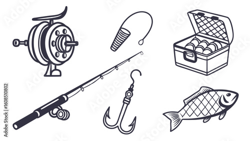 Fishing equipment set vector illustration. Rod, reel, hook, tackle box, and fish. Sport fishing hobby.