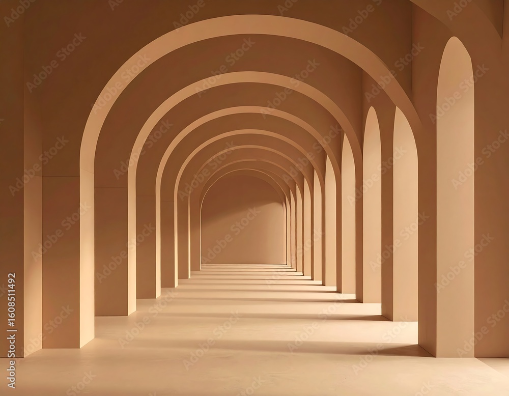 Naklejka premium Stunning architectural hallway showcasing repeating arches in warm neutral tones for modern design projects