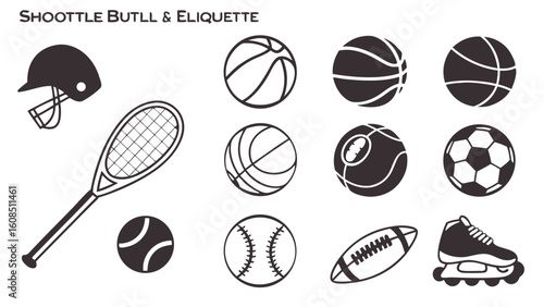 Sports Equipment and Balls. Collection including tennis, basketball, soccer, baseball, football, helmet, rollerblades.