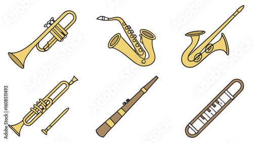 Musical Instruments Set. Brass and Woodwind Instruments Collection. Trumpet, Saxophone, Trombone, Clarinet. Music, Orchestra, Band.