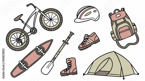 Outdoor adventure and sports equipment including bicycle, tent, backpack, helmet, boots, paddle, and kayak for active recreation.