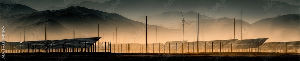 Obraz premium Solar panels and wind turbines rise from desert dunes beneath a golden sky, capturing the contrast of nature and technology in a vast sustainable landscape.