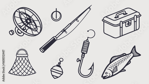 Fishing equipment and tackle set. Rod, reel, hook, net, tackle box, and fish. Outdoor angling sport and hobby gear.