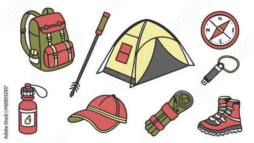 Collection of essential camping and hiking gear for outdoor adventure. Backpack, tent, boots, compass, water bottle.