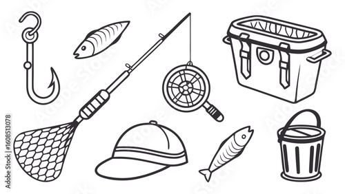 Fishing equipment set. Angling gear collection for outdoor hobby and sport. Rod, fish, hook, net, cooler, bucket, cap.