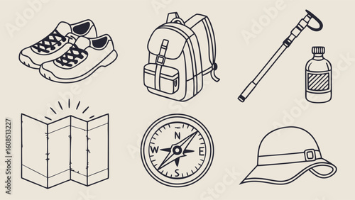 Hiking and outdoor adventure gear essentials set. Travel equipment line art icons with backpack, shoes, map, compass.