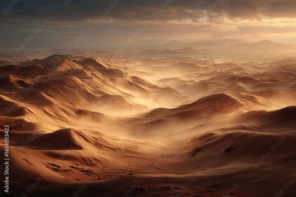 Naklejka premium Solar panels and wind turbines rise from desert dunes beneath a golden sky, capturing the contrast of nature and technology in a vast sustainable landscape.