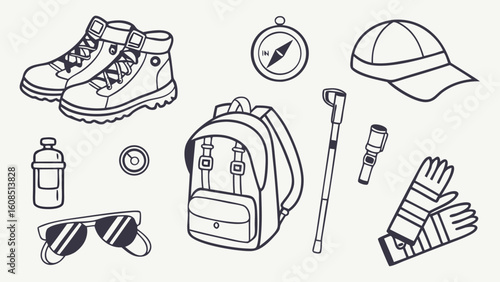 Hiking and outdoor adventure equipment set. Backpack, boots, compass, cap, water bottle, trekking gear collection.