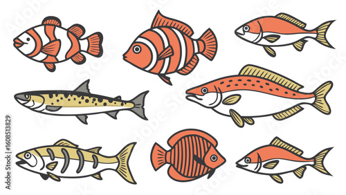 Collection of various fish species isolated on white. Diverse marine life for food, pet, and nature designs.