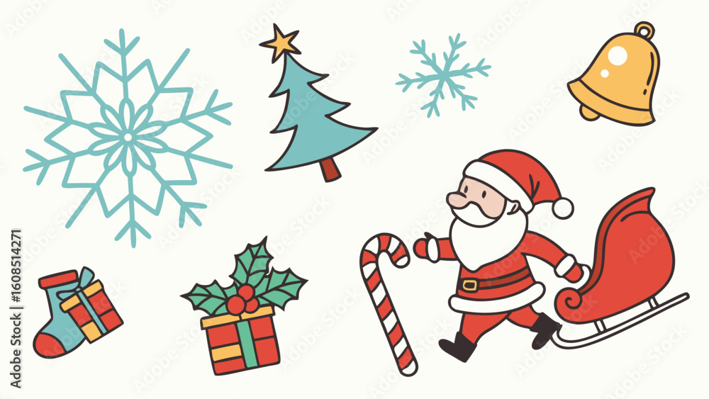 Obraz premium Christmas holiday winter festive icons set. Santa Claus, gifts, tree, snowflakes, bell, candy cane, and stocking.