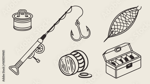 Fishing equipment set outline. Angling gear collection with rod, reel, hook, net, and tackle box. Outdoor sport hobby.