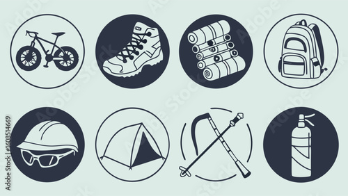 Set of outdoor adventure and camping equipment icons. Hiking, travel, and safety gear vector collection.