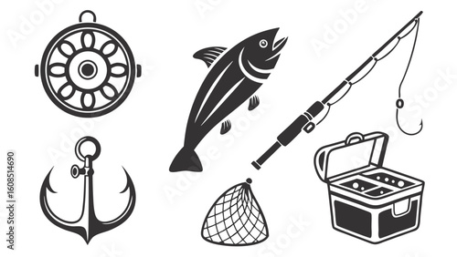 Fishing and Nautical Icons Set. Marine Sport Equipment, Sea Adventure Symbols, Boat Anchor, Ship Wheel, Fish, Rod, Net, Tackle Box.