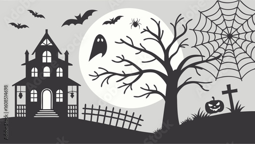 Halloween Night Spooky Haunted House Silhouette with Full Moon, Bats, Ghost, Spider, Tree, Pumpkin, Gravestone, Spiderweb