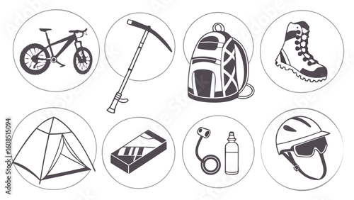 Outdoor adventure and travel equipment collection. Hiking, camping, cycling, mountaineering gear set. Essential items for exploration.